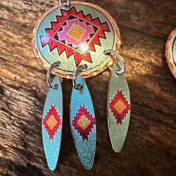 Handmade Boho Copper Earrings, Diamond Cut Native American Drop Earrings, Gift - Picture 7 of 9